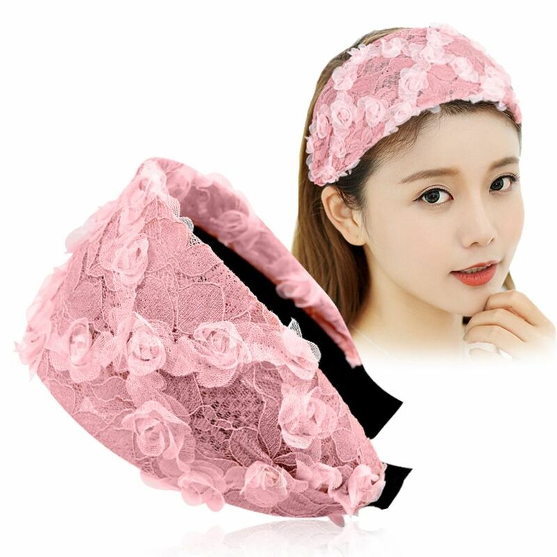 Bandana de flor de renda antiderrapante para mulheres, bandana fofa com equipamento, aro de cabelo de malha para meninas, hairbands coreanos, primavera