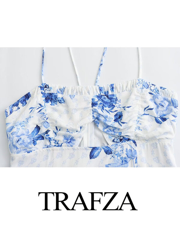 TRAFZA Women Fashion Flower Print Hollow Out Hem Slit Long Dress Summer Female Sexy Backless Sleeveless Party Beach Slip Dress
