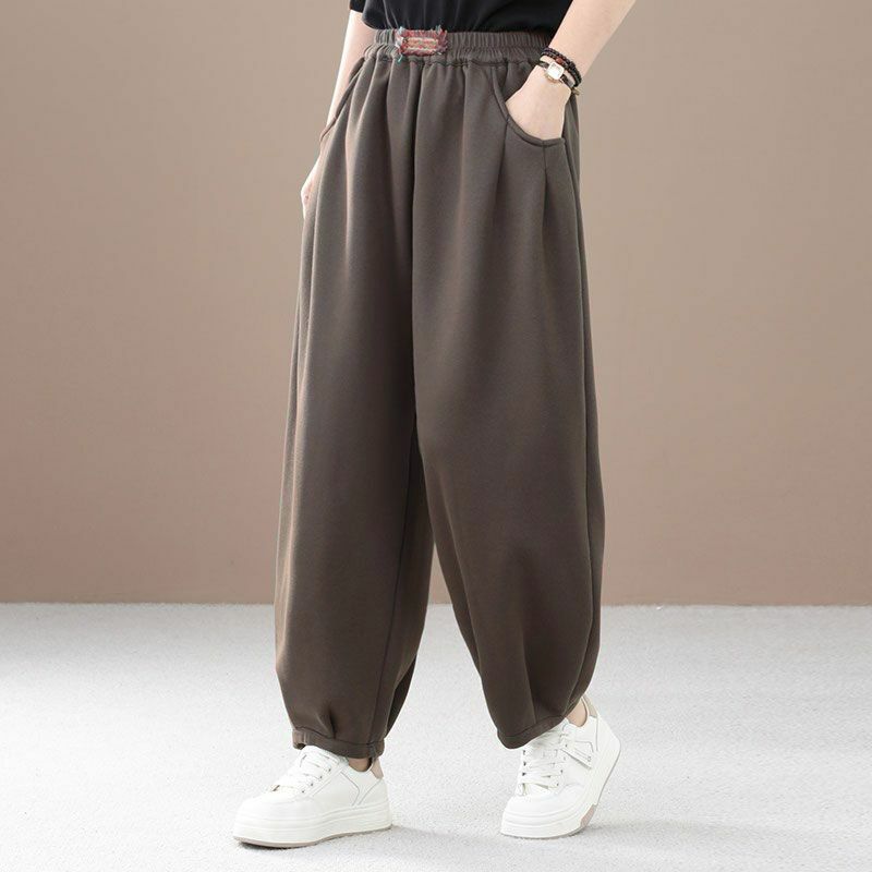 Celana Harem wanita mode padat kasual pinggang elastis tambal sulam saku musim gugur musim dingin tebal kesederhanaan 2023 pakaian wanita baru