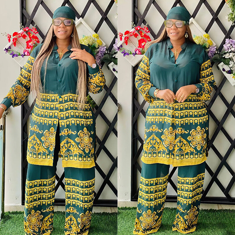 Conjunto feminino de duas peças em chiffon, camisa de manga comprida e calça de perna larga, dashiki estampado, roupa africana, roupa de verão, ver através do topo