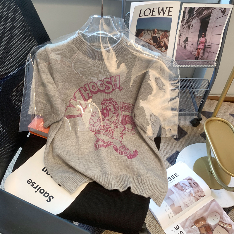 Suéter Vintage para mujer, de manga corta Camiseta con estampado, camisetas de punto suave, Jersey de punto, Top corto elegante Y2k, 2023
