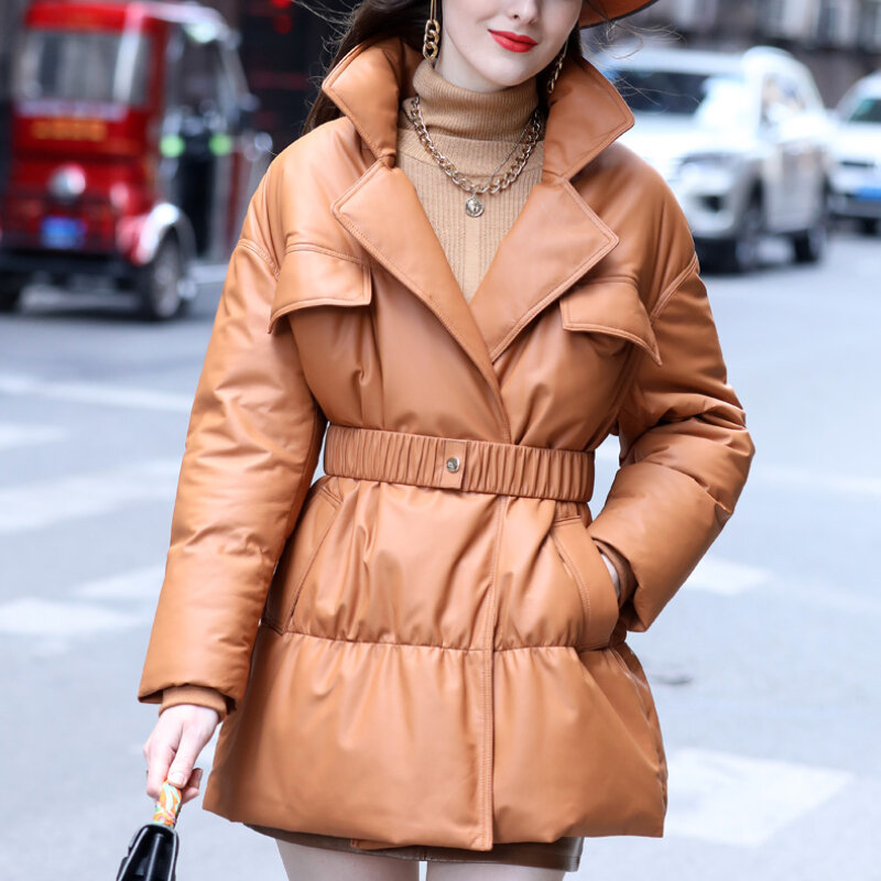 Moda jaqueta de couro feminina roupas femininas cinto coreano fino preto para baixo casaco de pele carneiro real jaqueta de couro feminino zm
