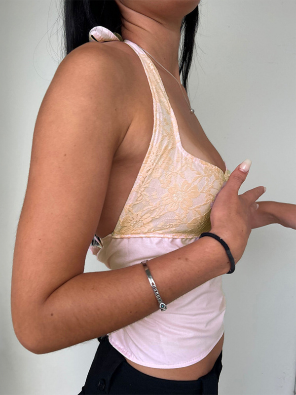 Absobe Crop Halter Tank Top Lace Panel Women Shirring Open Back Lacing Female Sleeveless Slim Vest Summer New 2024 Streetwear