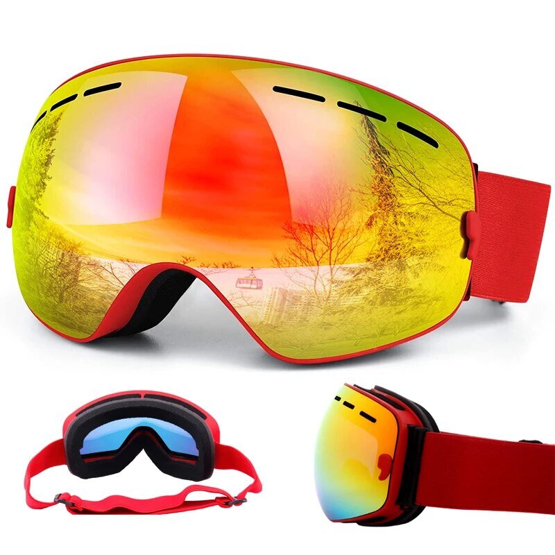 แว่นตาสกีกันลม2ชั้นสำหรับผู้ชายและผู้หญิง, แว่นตาสกีกันหมอกป้องกัน UV400ลุยหิมะหน้ากากสกีมืออาชีพ