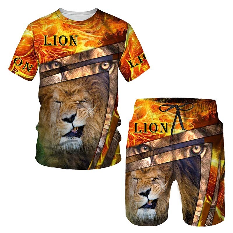 Herren Kurzarm T-Shirt Shorts zweiteiligen Anzug lustige Löwen Print Tops Mode Hip Hop Harajuku Sommer Kinder übergroße Sets