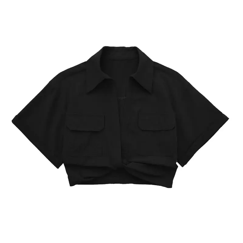 Blusa corta de lino anudada con bolsillos para mujer, camisa corta estilo Kimono elegante, Tops LS1376, 2023