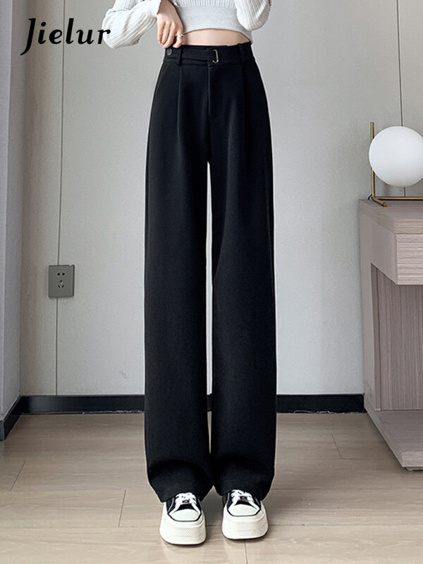 Jielur Зимние плотные Свободные повседневные женские брюки однотонные шикарные прямые узкие модные женские брюки на пуговицах черного и абрикосового цвета