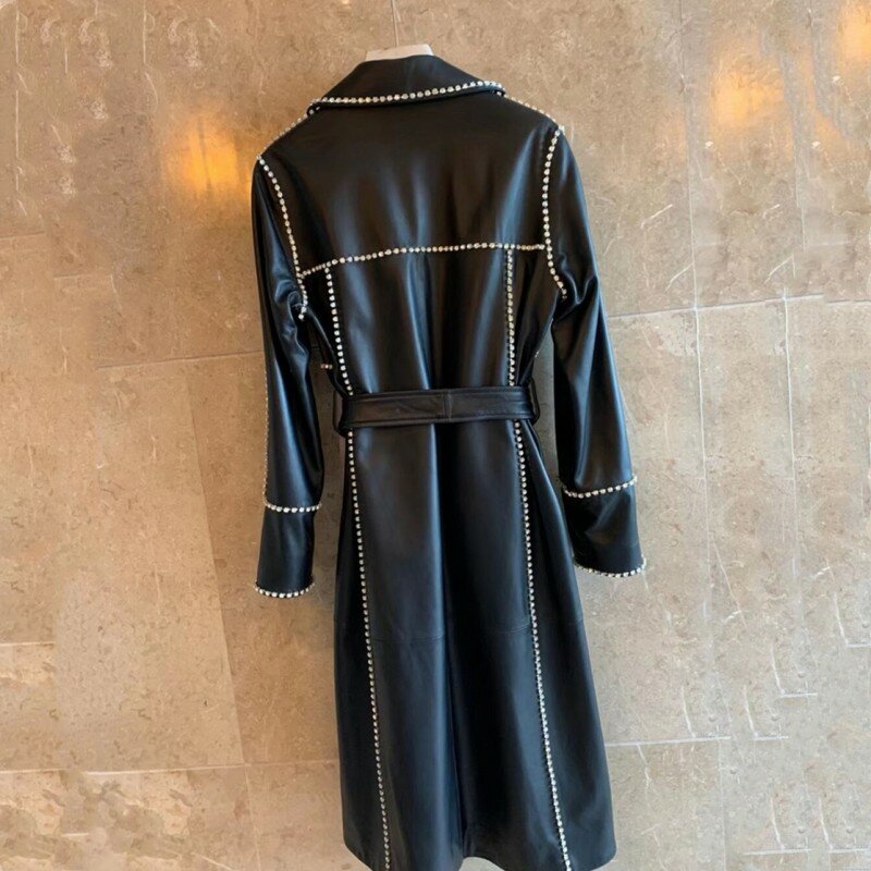 Jaqueta longa de couro genuíno para mulheres, casaco luxuoso de diamante, jaqueta de pista feminina, rua alta, sashe2024