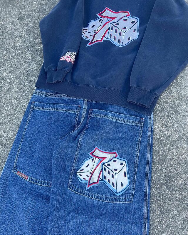 Harajuku JNCO Y2K sulaman Jeans longgar bertudung set dua potong pakaian jalanan baju olahraga pria kaki lebar jeans laki-laki