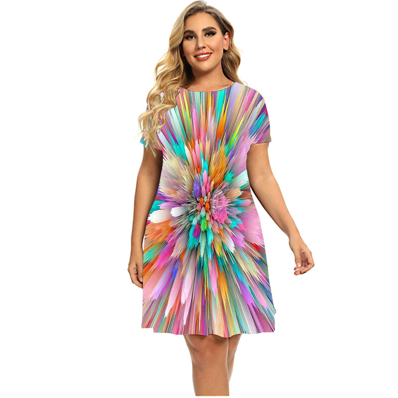Moda novo padrão abstrato vestido de impressão 3d para 2023 mulheres plus size vestido de verão o pescoço manga curta solta vestidos grandes 6xl