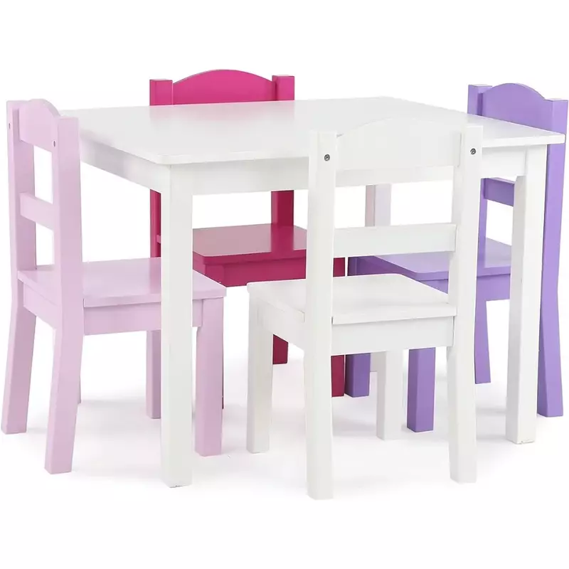 子供の木製のテーブルと椅子のセット、ダーツとクラフトに最適、スナック時間、ひびのある、白、紫、ピンク、4つの椅子が含まれています