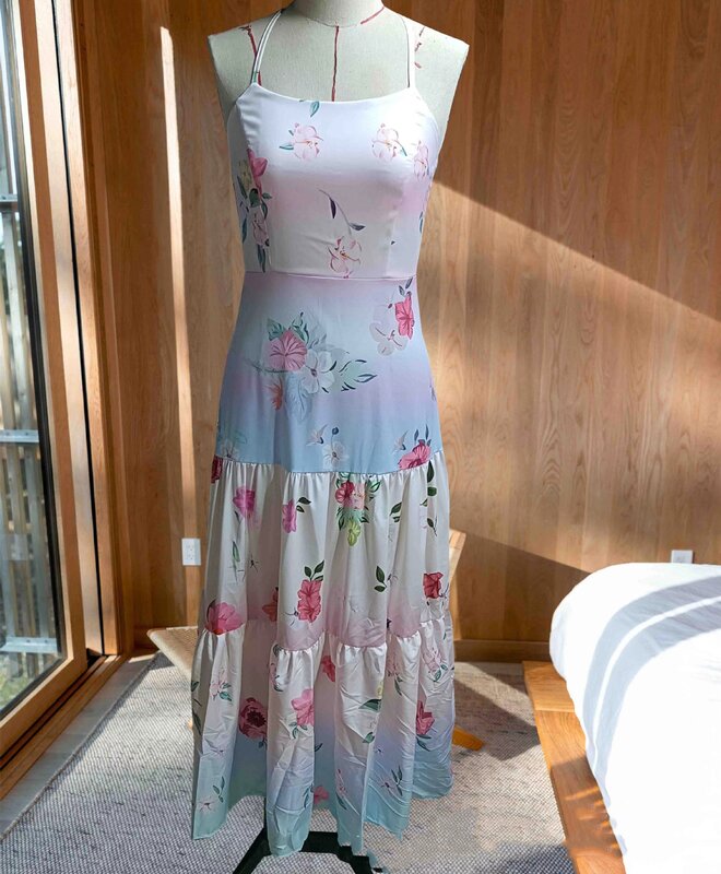 BKLD Fashion 2024 Women Clothing New Gradient Floral Printed Spaghetti Strap Dress Sleeveless Backless Party Long Dresses