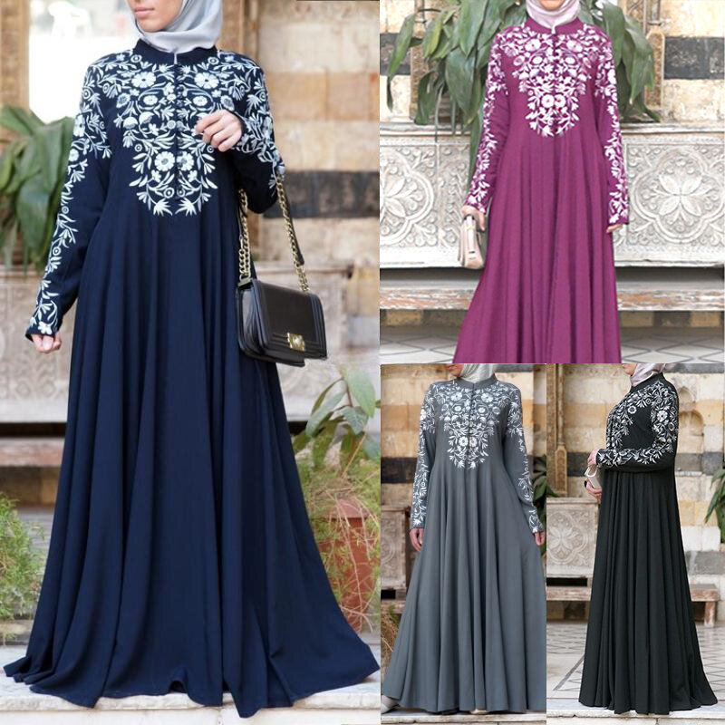 Vestido de manga comprida para mulher muçulmana, flor, árabe, roupa casual islâmica