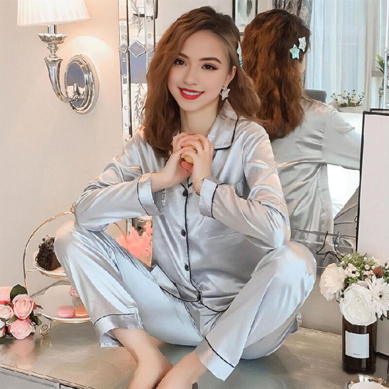Conjunto de pijama de seda e gelo feminino, pijama elegante com lapela, calça larga, manga comprida para conforto