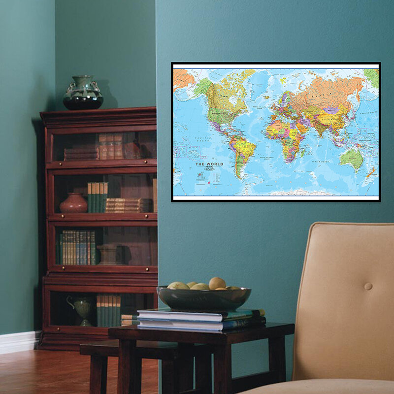 Mapa de la política mundial, lienzo de pintura, Póster Artístico para pared, oficina, aula, decoración del hogar, suministros escolares, 59x42 cm