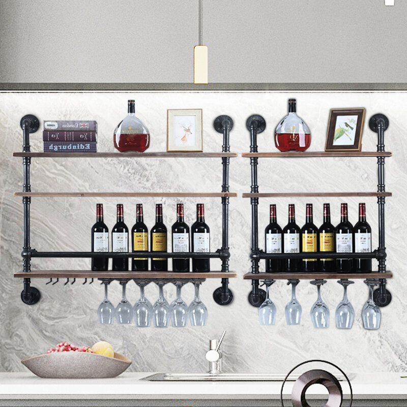 24 Inch Bar Bottle Shelves Industrial Pipe Shelf Wine Rack Wall Mounted Holder