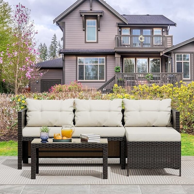 3 Pieces Outdoor Couch Patio Sectional Sofa, Weaving Wicker Rattan All Weather Patio Seating Sofas with Cushion and Glass Table