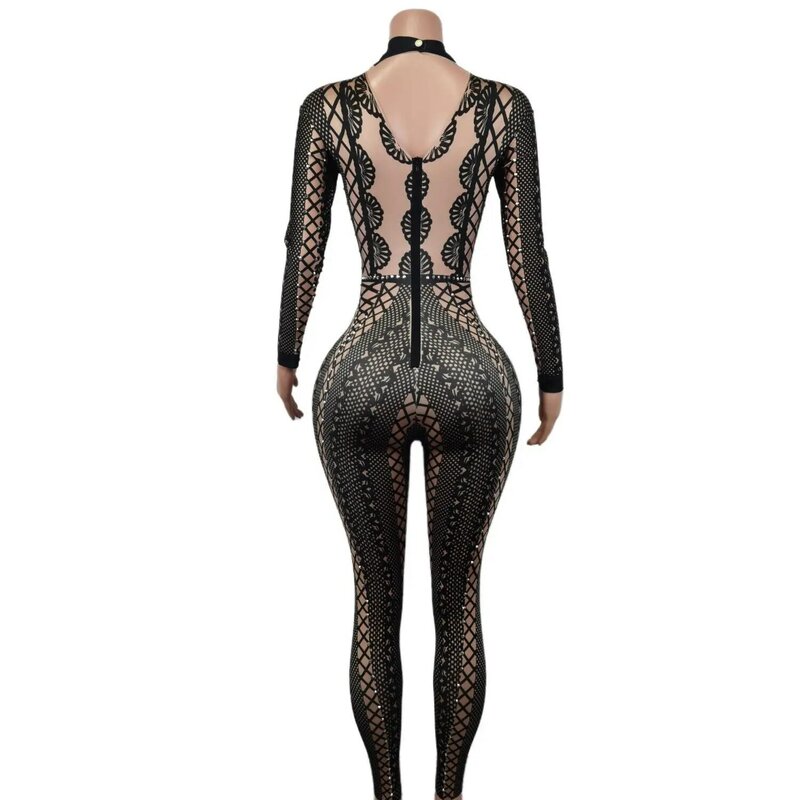 Vrouwen Sexy Zwarte Print Jumpsuit Sprankelende Kristallen Bodysuit Vieren Podiumkleding Kostuum Nachtclub Verjaardagsfeestjurken Lianti