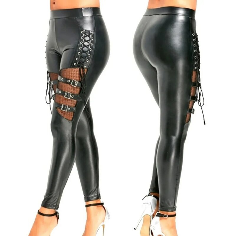 Women Ladies PU Leather Skinny Slim Trouser Gothic Punk Leggings Fishnet Trim Lace Pant PU Leather Pencil Pants