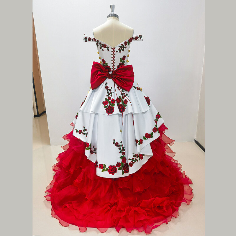 Luxury White Red Evening Dresses Sleeveless Lace Up Appliques Tiered Back Bow Prom Ball Gown Special Occasion Long Dresses 2024