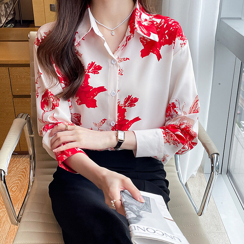 Blusa feminina estilo tinta coreana, tops de manga comprida, elegante camisa do escritório, camisa vintage elegante, primavera