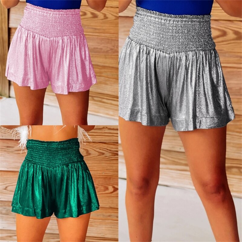 Женские летние блестящие металлические шорты с эластичной резинкой на талии и оборками на подоле, широкие шорты, Прямая поставка