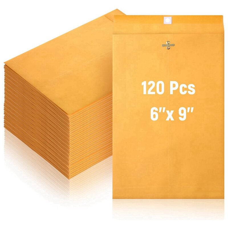 粘着シール付きの封筒、小さなクラスプ封筒、クラフト紙、バルク120パック、6x9インチ、耐久性、28ポンドから作られました
