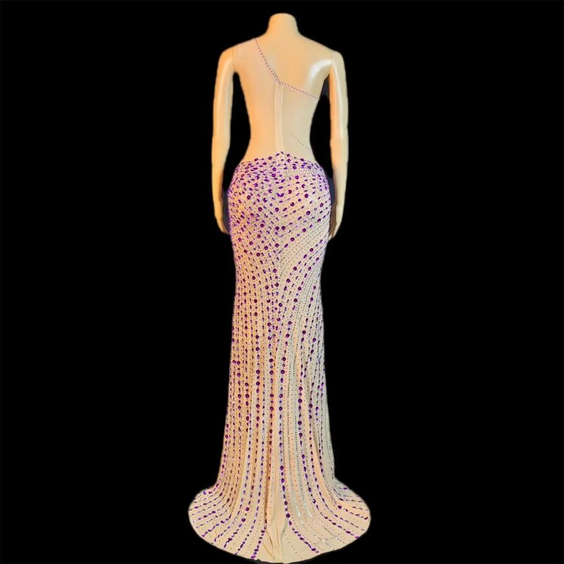 Luxrious Rhinestones Transparent Asymmetric Long Dress Sexy Evening Birthday Celebriate Prom Gown Photo Shoot Dress Feiniao
