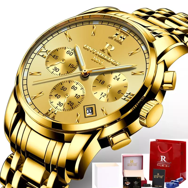 Золотые часы для мужчин люксовый бренд ONTHEEDGE Модные мужские деловые часы кварцевые часы мужские Хронограф водонепроницаемые светящиеся спортивные часы