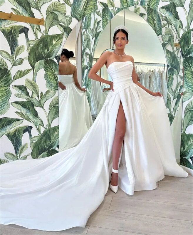 Charming Satin Vestidos De Novia Strapless A Line Pleats Draped High Side Split A-Line Floor Length Wedding Dresses For Women