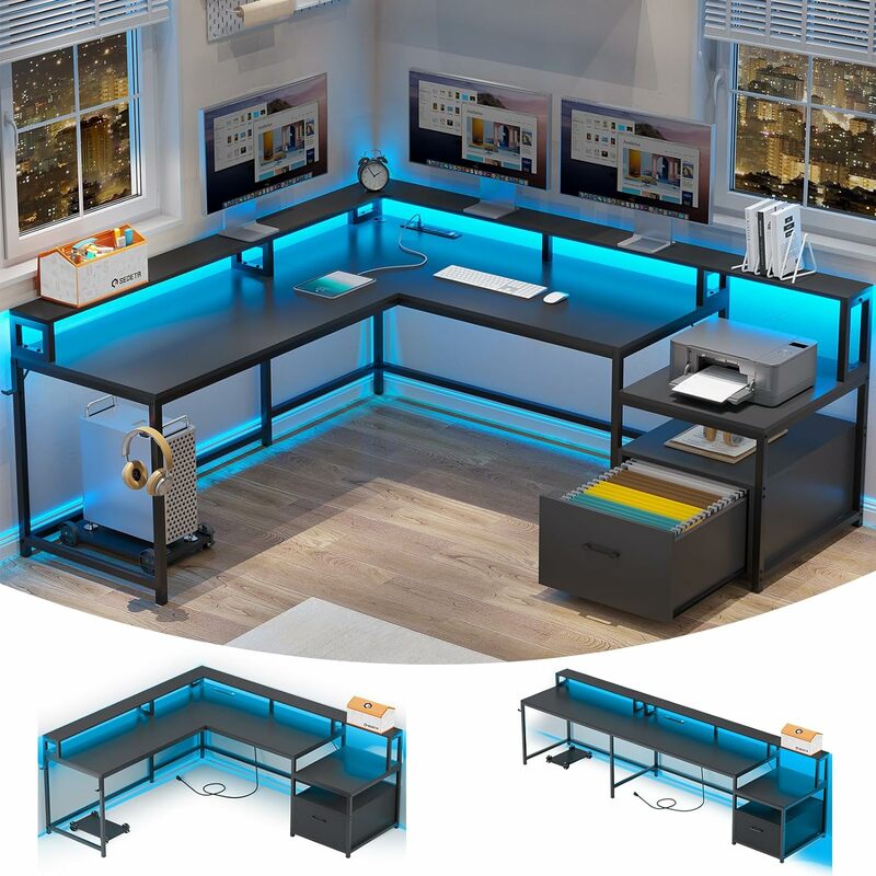 SEDETA-L Shaped Gaming Desk, 66 ", Home Office Desk com gaveta de arquivos e tomada, luzes LED pretas