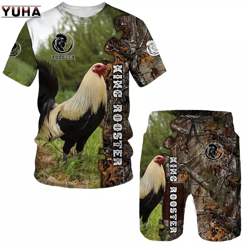 Костюм спортивный YUHA мужской с 3D принтом, повседневный Камуфляжный топ с животными, забавная футболка с петухом и шорты, костюм на лето