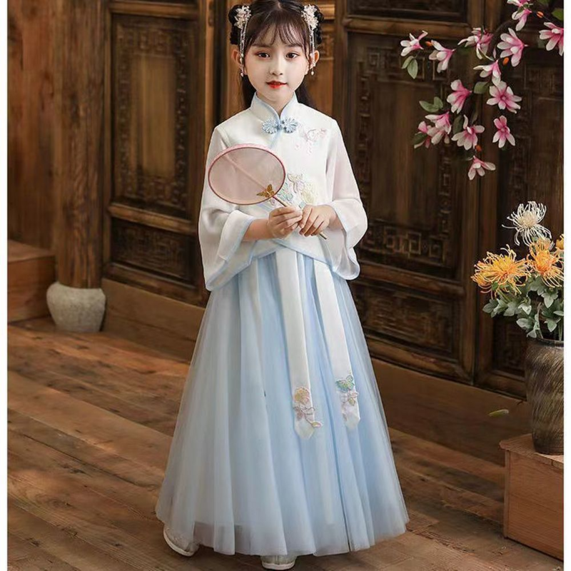 Mới Thu Đông Bé Gái Trung Quốc Phong Cách Vintage Tua Rua Hanfu Năm Mới Thêu Qipao Áo Dây Chinoise Trẻ Em Hiệu Suất Công Chúa Đầm Vestido