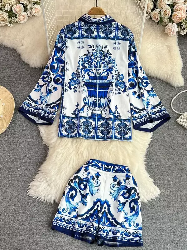 Summer Holidays Blue and White Porcelain Two Piece Suit Women Flare Sleeve Loose Shirt Top + Flower Printed Pocket Shorts Sets