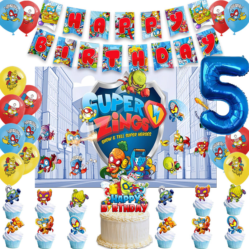 Decoración de fiesta de cumpleaños de Superthings, pancarta de globo, telón de fondo, adorno de pastel, suministros para fiesta de bebé