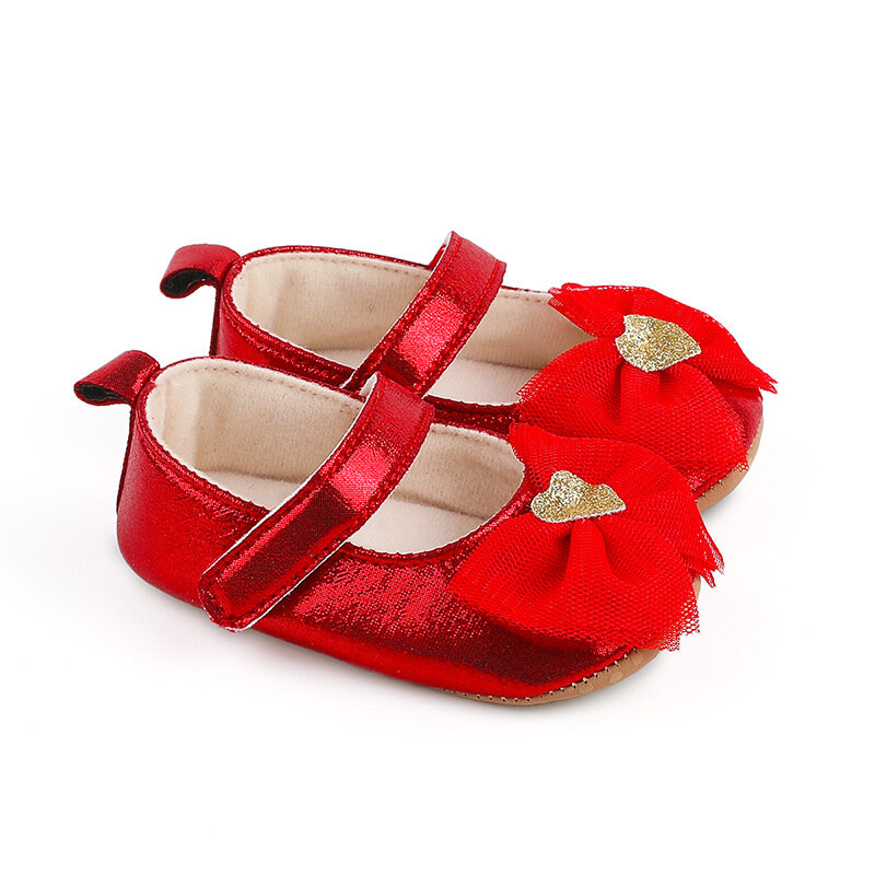 VISgogo-zapatos planos de cuero PU para niñas, zapatos de princesa antideslizantes con lazo de malla, suela suave, primeros pasos