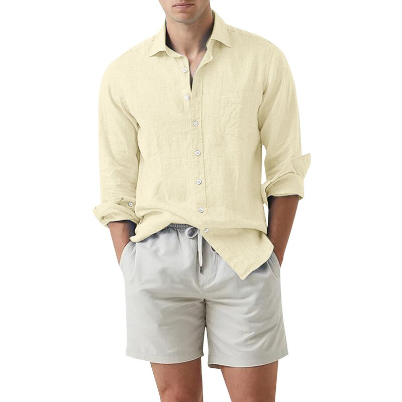 남성용 리넨 긴팔 티셔츠, 단색 루즈 캐주얼 셔츠, 긴팔 코튼 리넨 셔츠, 캐주얼 패션 셔츠, 신제품