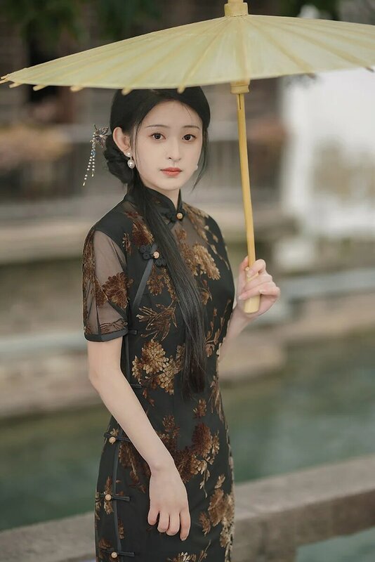 Cheongsam de manga corta para mujer, Qipao Vintage, cuello mandarín, vestidos elegantes
