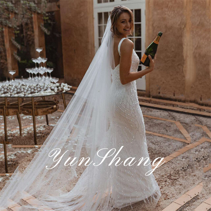 Yunshang-Luxo sereia vestidos de casamento para mulheres, costas abertas, renda, colarinho quadrado, cintas de espaguete, vestido de noiva, trem