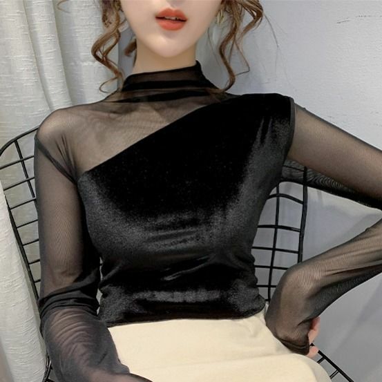 Blouse Women's High Collar Autumn and Winter Elegant Close-Fitting Velvet Stitching Mesh Long-Sleeved Top Blusas Ropa De Mujer