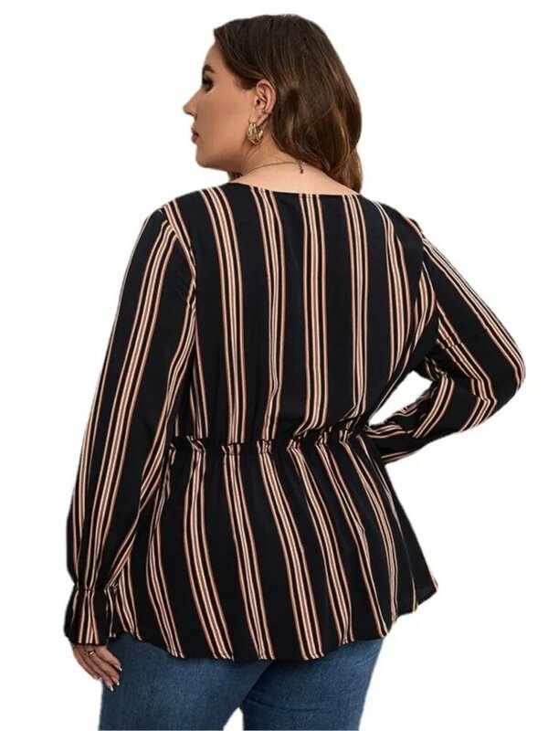 Plus Size Autumn Tops Women Long Sleeve Striped Print Pleated Ladies Blouses Ruffle Fashion Casual Loose Woman Tops 2023