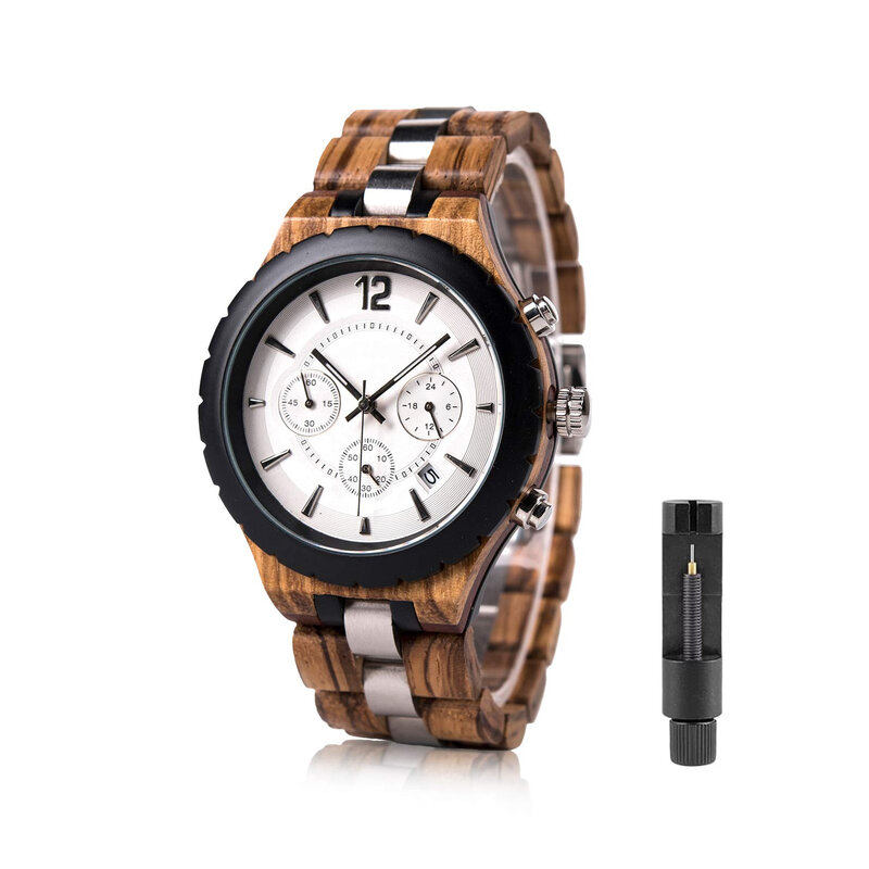 Herren Luxus Mode Holzuhr Datum und Chronograph Militär Quarz Armbanduhren, Armband