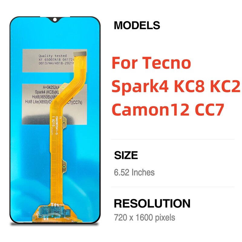Pengganti layar sentuh, tampilan LCD 6.52 inci untuk Tecno Spark4 KC8 KC2 Camon 12 CC7