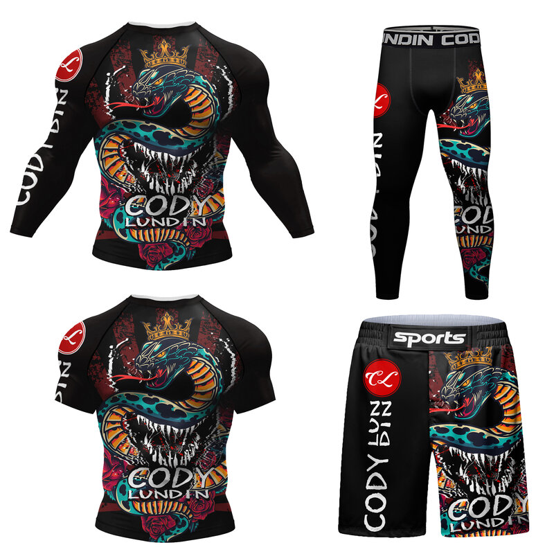Codylundin-Ensemble de vêtements de compression pour hommes, survêtements Grappling, vêtements graphiques Fithing, imprimé dragon noir, MMA Rashguard, 4 en 1