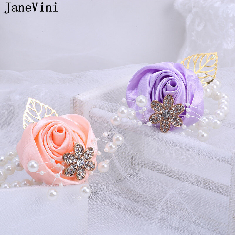 JaneVini Beaded Pink Wrist Flowers for Wedding Bride Bridesmaid Pearl Bracelet Bridal Sisters Corsage Party Guests Wristbands