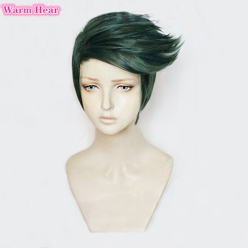 New! Anime Rohan Kishibe Cosplay Wig Short Dark Green Wig And Earring Heat Resistant Synthetic Wigs Halloween Party + Wig Cap