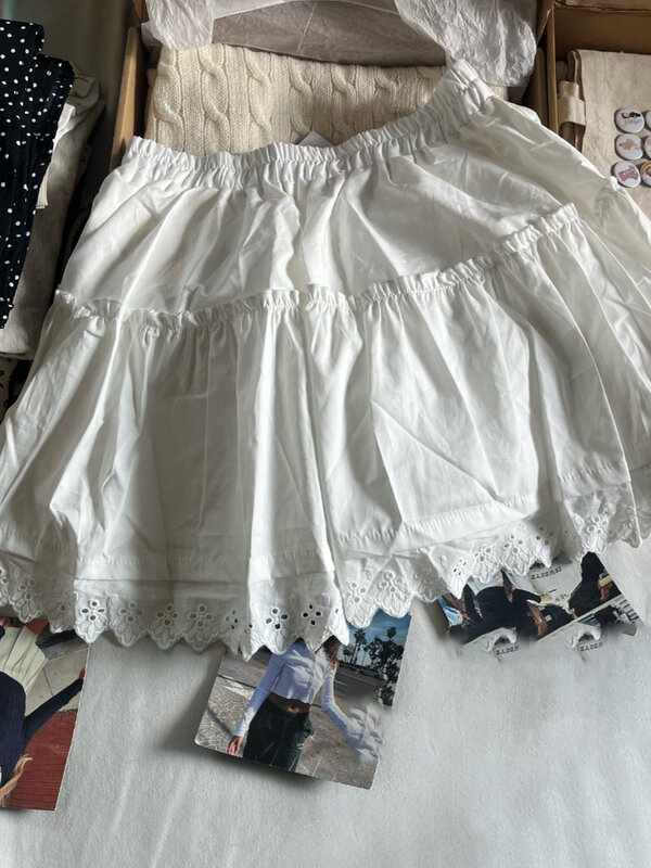 Falda corta de cintura alta para mujer, minifalda Vintage con volantes y ribete de encaje, color blanco, estilo Preppy, Y2k