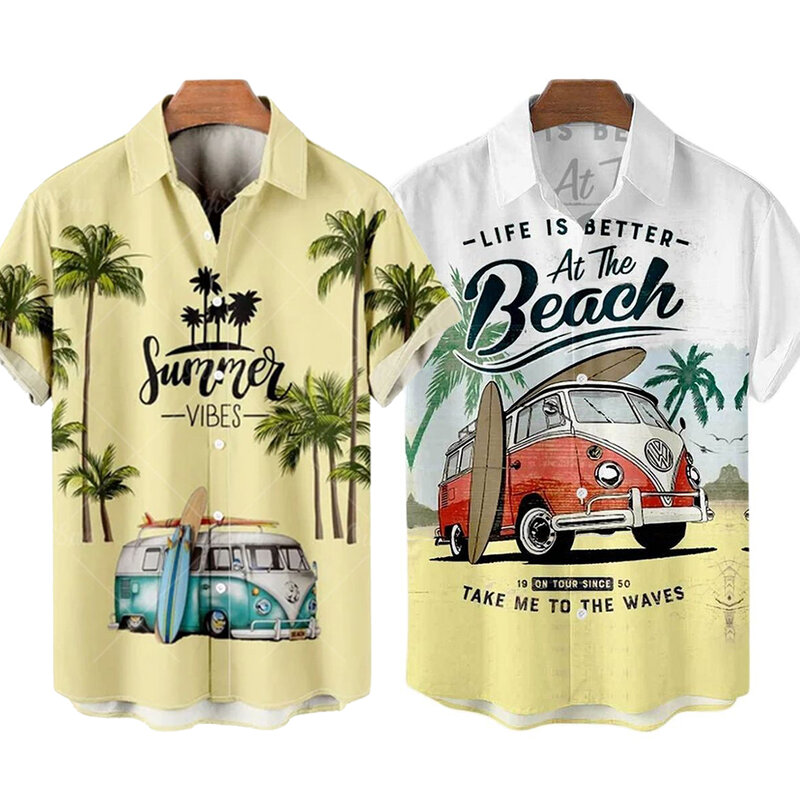 Camisa de manga curta estampada masculina, praia retrô, Palm Car, estilo havaiano, na moda, 2024