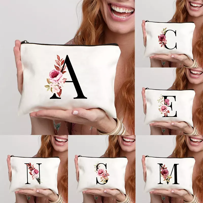 A-Z Alphabet Cosmetic Storage Bag Initial Graduation Gifts for Teacher Flowers Print Toiletry Bag for Bridesmaids Wedding Gifts