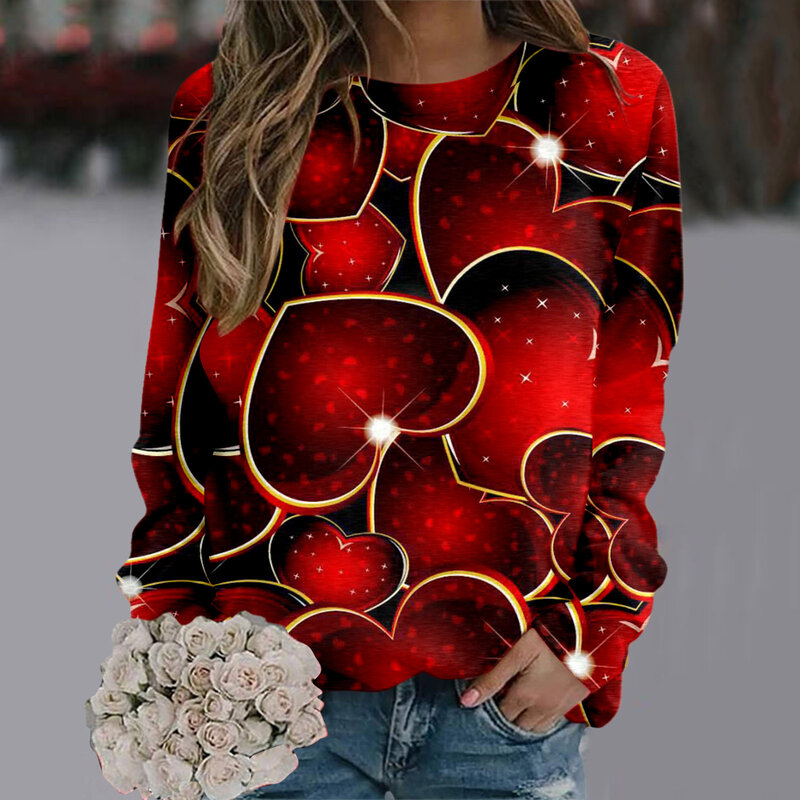 Hoodies Sweater Women Valentine's Day Print Round Neck Pullover Tops Fashion Long Sleeve Workout Shirts Loose Blouse Sweatshirts